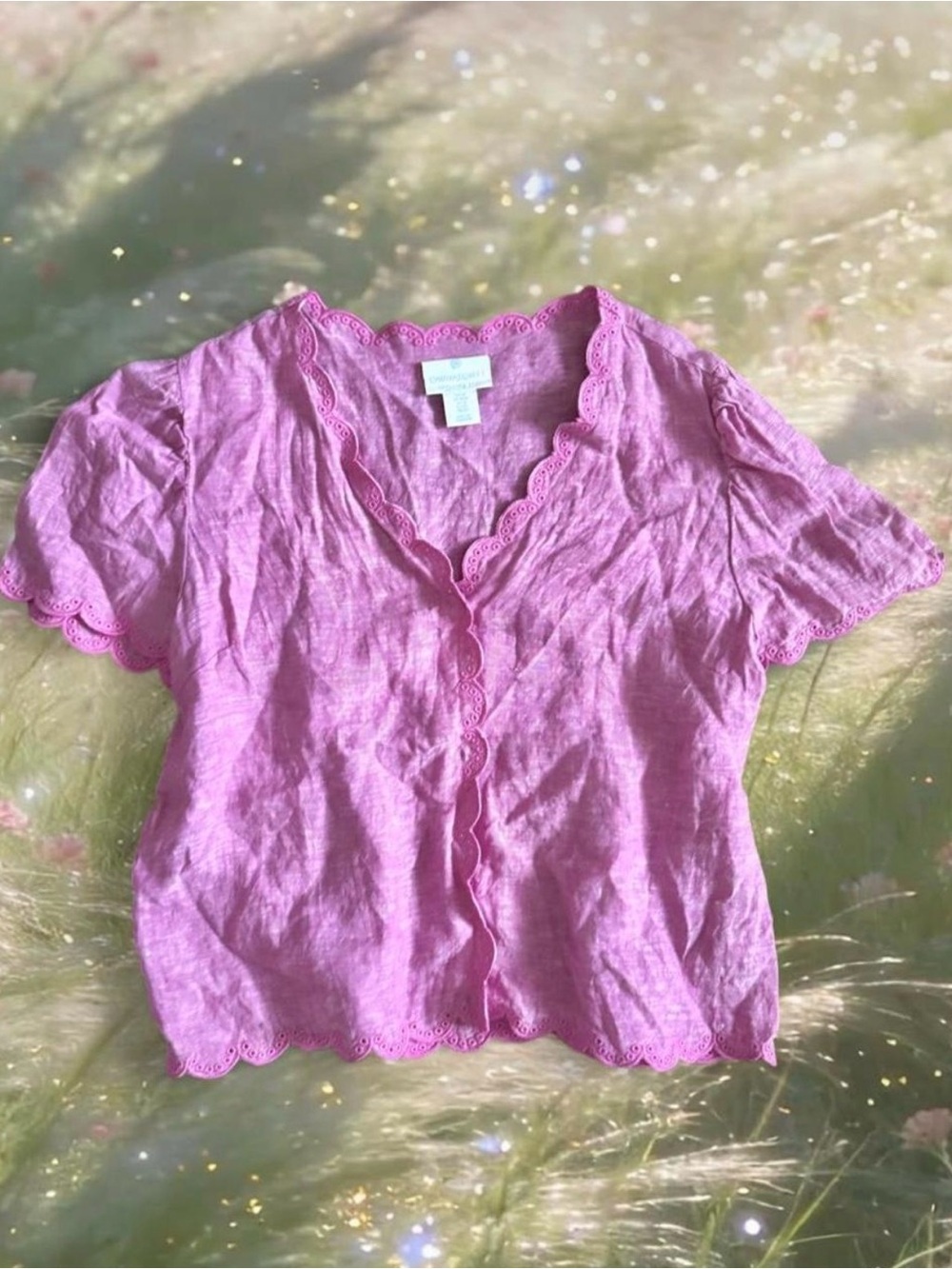 Cynthia Rowley Pink 100% Linen Shirt Top Eyelet Scalloped Edges Coquette Boho